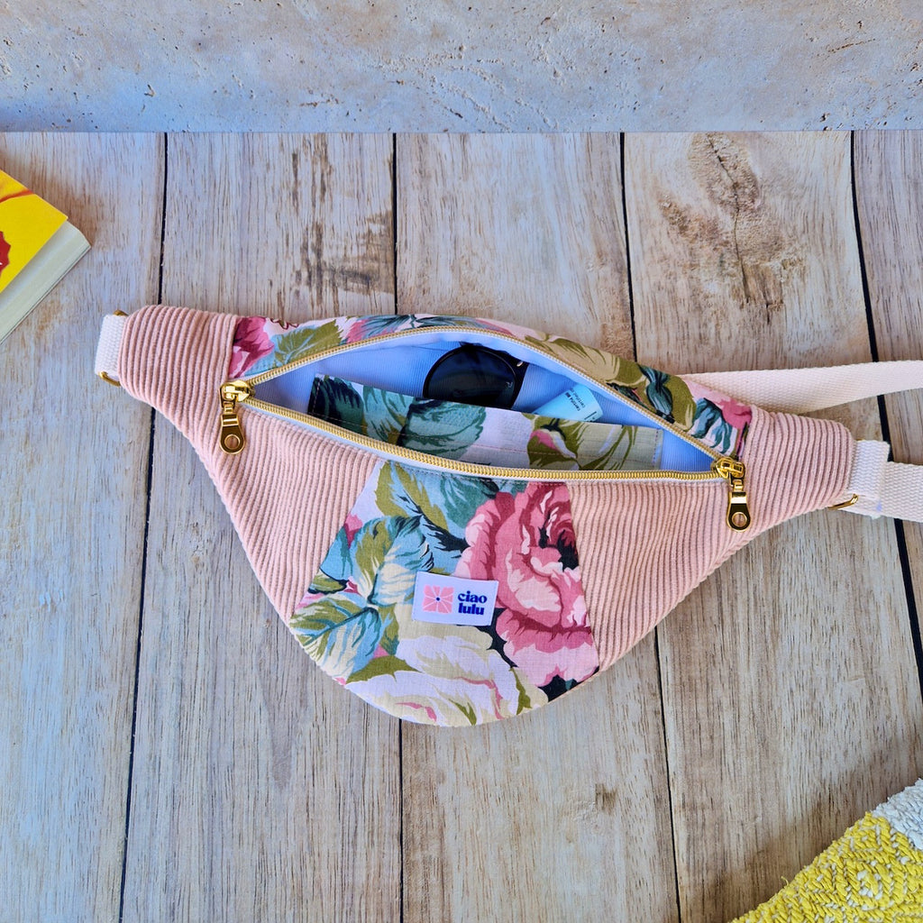 Sac banane patchwork velours côtelé et imprimé floral